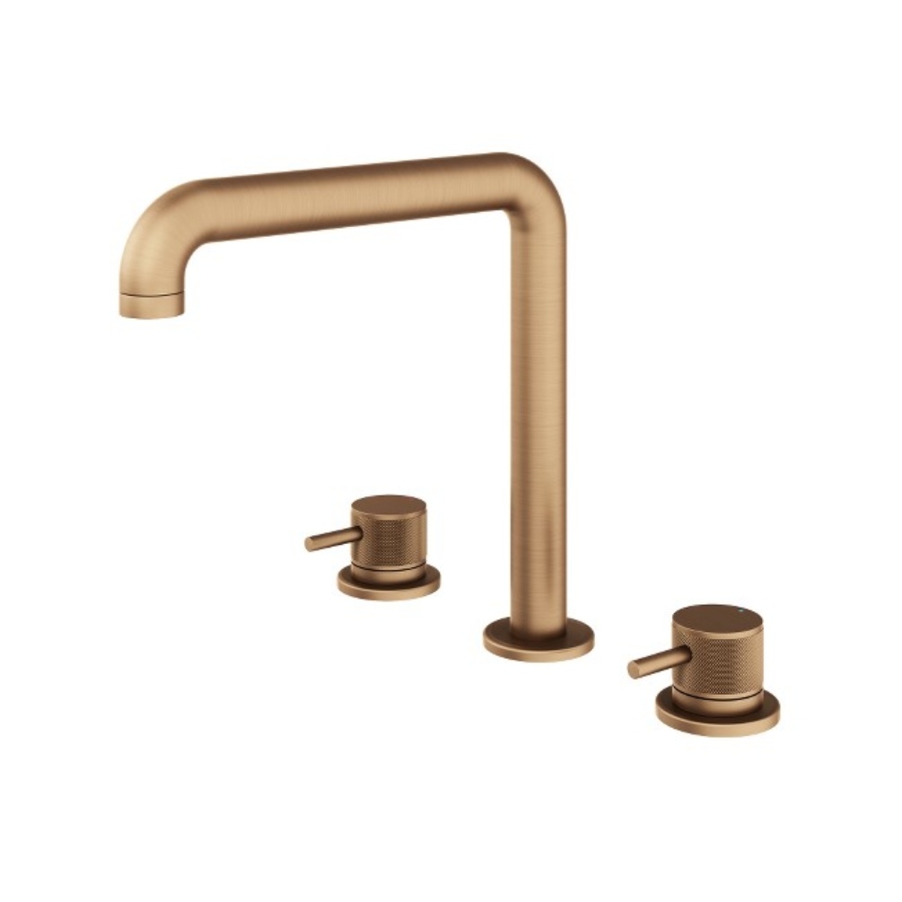 Product Cut out image of the Abacus Iso Pro Brushed Bronze Deck Mounted 3 Tap Hole Basin Mixer